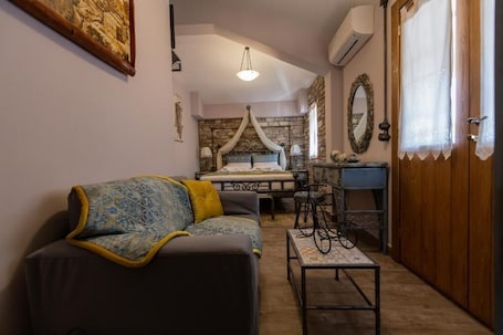Double Room, Balcony, Mountain View | Living area | 20-inch TV with cable channels. Maria's Boutique Rooms