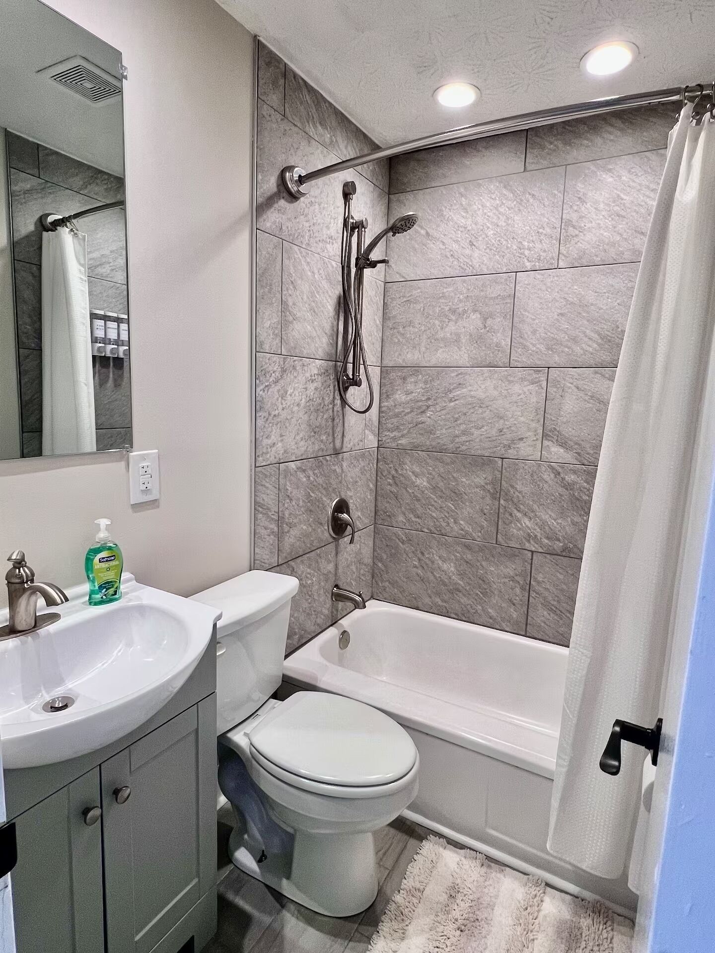Hair dryer, towels, soap, toilet paper