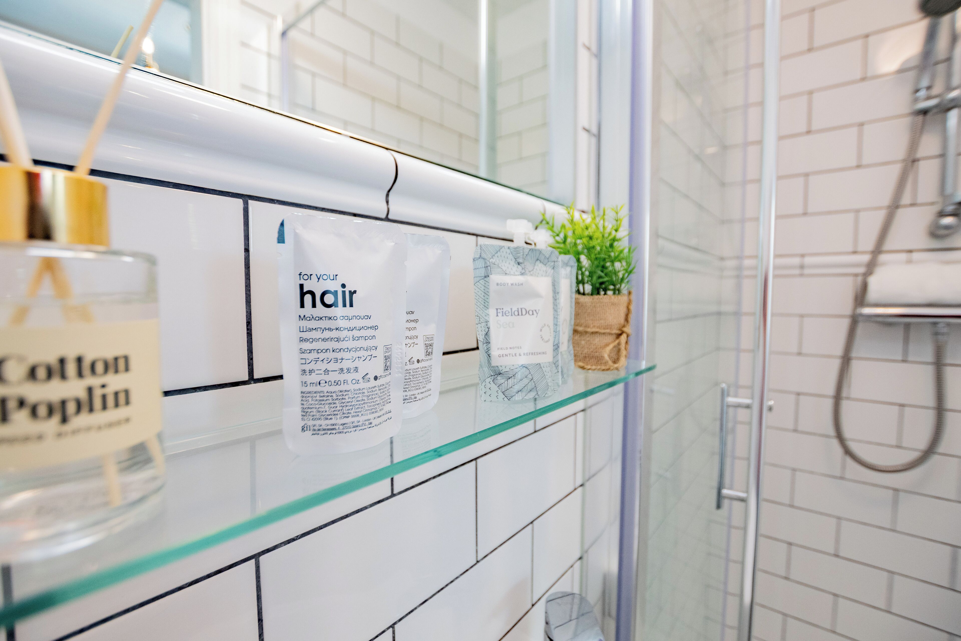 Douche, sèche-cheveux, serviettes fournies, savon