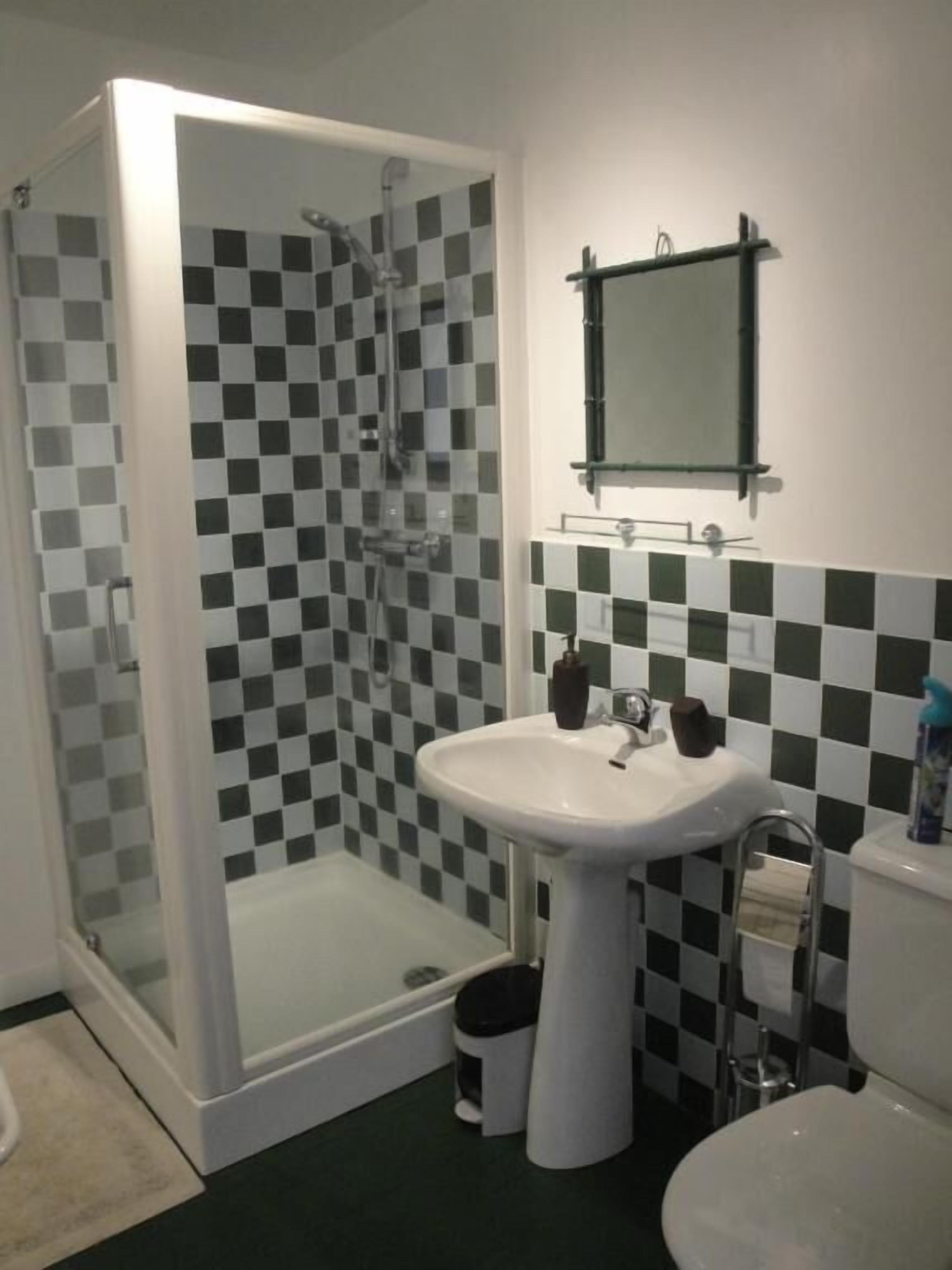 A bathroom with a checkered tile wall, a white pedestal sink, a glass-enclosed shower, and a toilet.