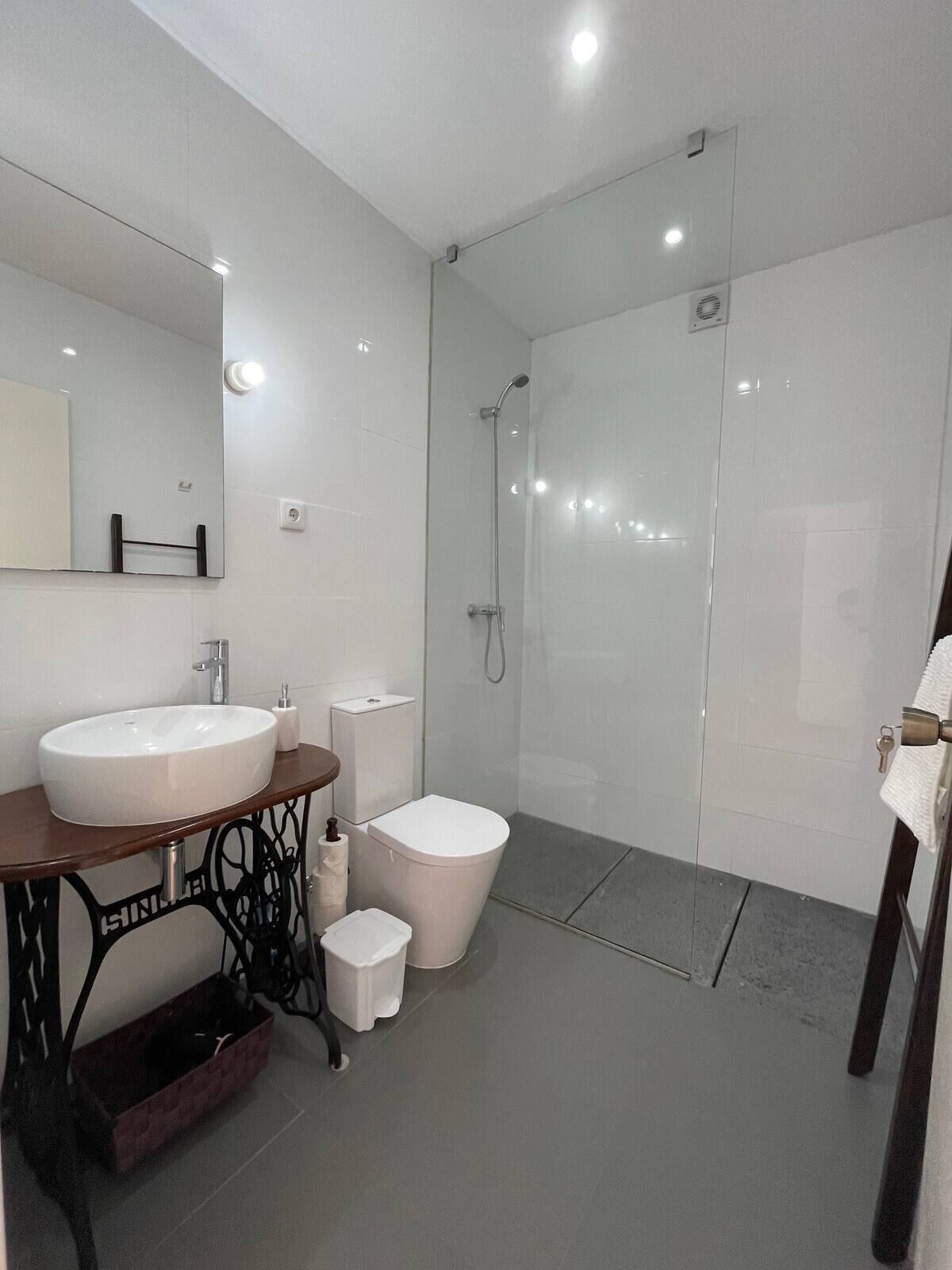 Hair dryer, towels, soap, toilet paper