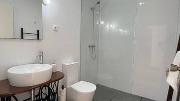 Hair dryer, towels, soap, toilet paper