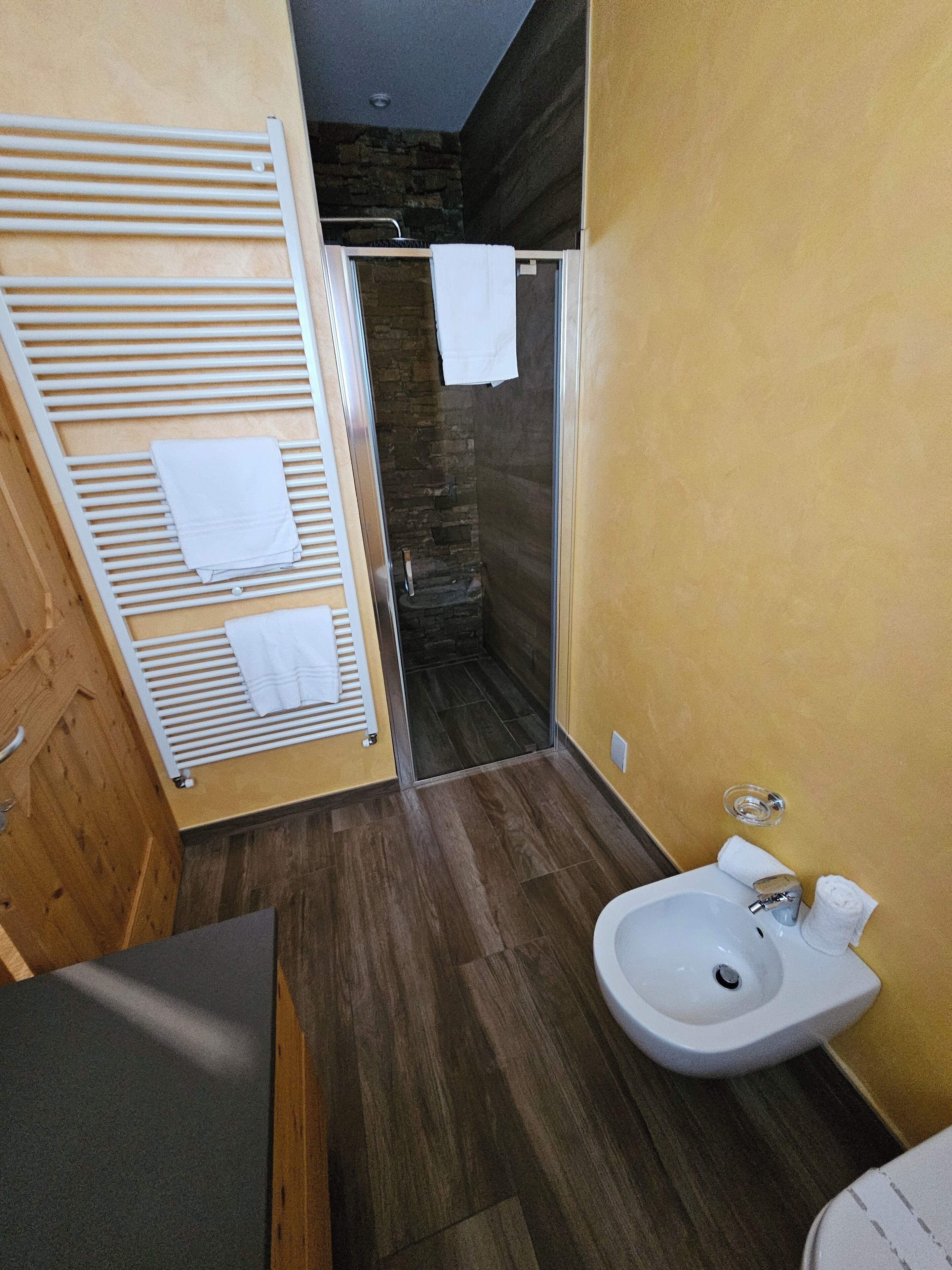 A modern bathroom with a shower, a sink, and a towel rack.