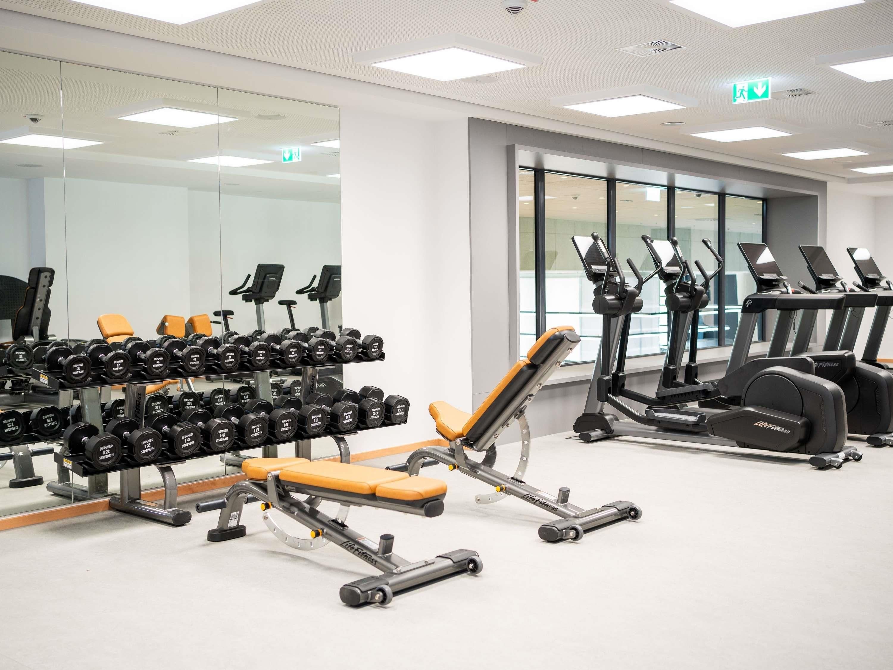 Un gimnasio con varios equipos de ejercicio, incluyendo mancuernas, bancos, cintas de correr y elípticas.