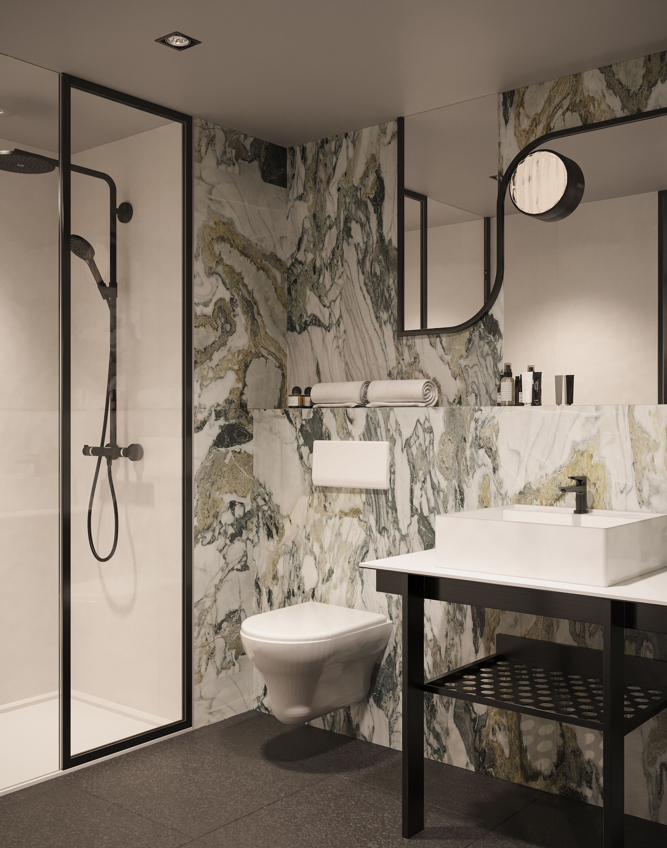 A modern bathroom with a glass shower enclosure, a toilet, a sink with a black countertop, and a marble backsplash.