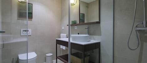 A modern bathroom with a glass shower enclosure, a white sink, and a toilet.