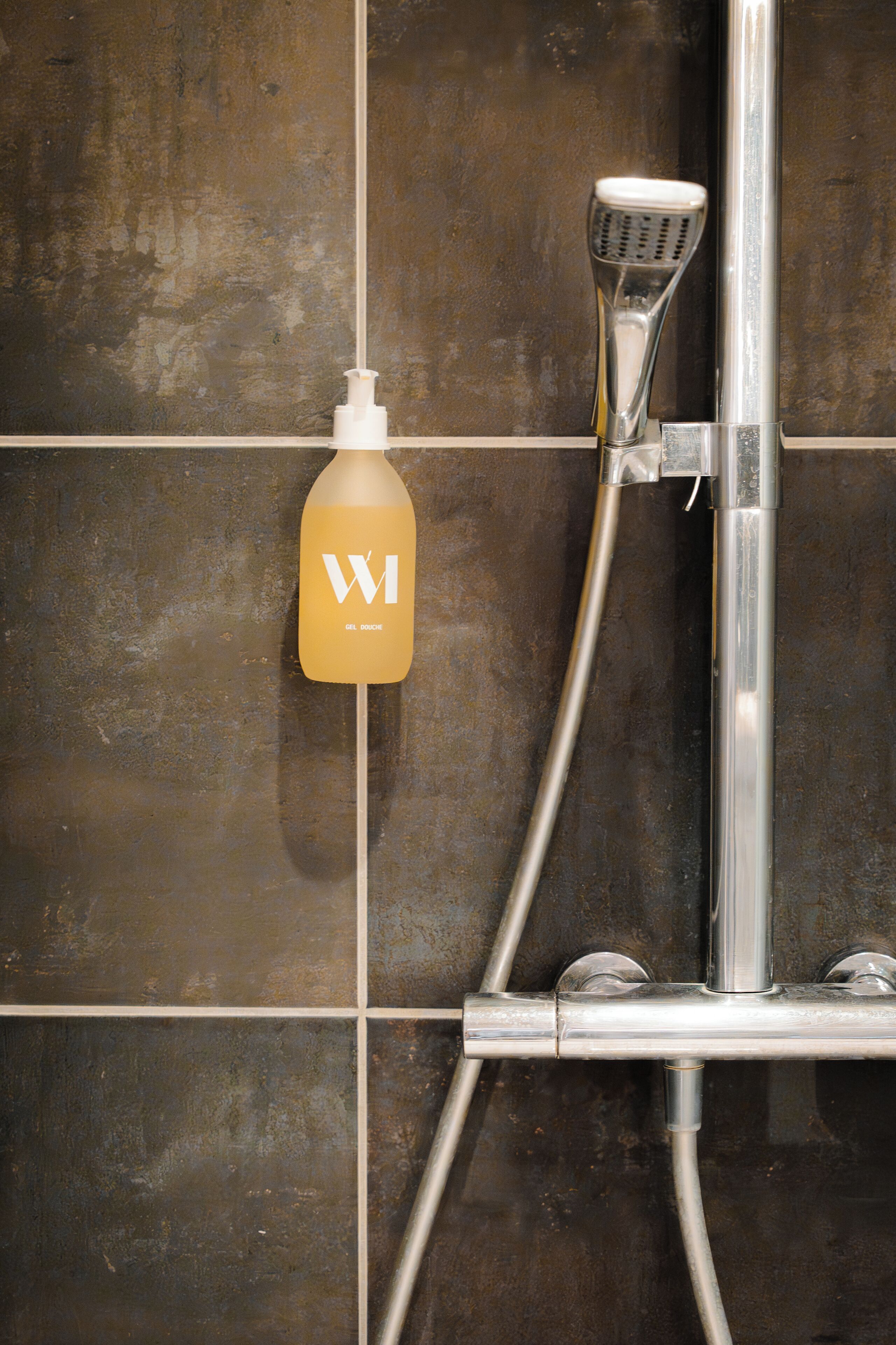 Une douche équipée d’un pommeau de douche à main et d’un distributeur de savon fixé au mur.