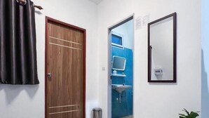 Un couloir avec une porte en bois, un miroir, une plante en pot et une paire de chaussons posés sur le sol.