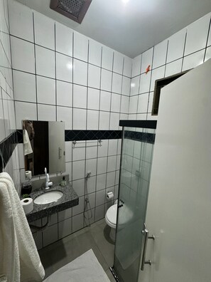 Shower, towels, toilet paper