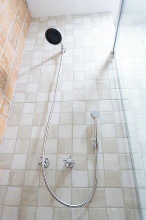 Douche, séchoir à cheveux, serviettes fournies, savon