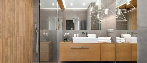 Shower, hair dryer, towels, shampoo