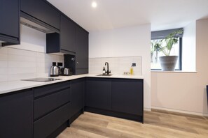 A modern kitchen with dark cabinetry, a white countertop, a sink, and a window with a potted plant. - Argyl | Abbey Gate: Studio 2 (Edinburgh)