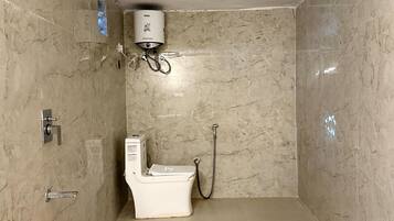 Shower, slippers, towels, soap