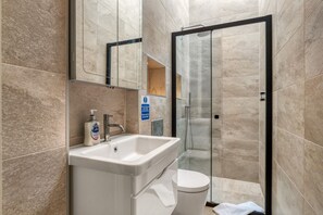 Douche, serviettes fournies, shampoing, papier toilette