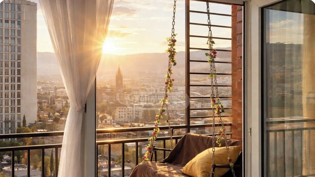 Un balcón con una mecedora colgante, vista a un paisaje urbano y una cortina entreabierta.