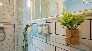 Ducha, secador de pelo, toallas y papel higiénico