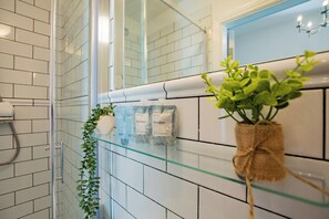 Regadera, secadora de cabello, toallas, papel de baño 