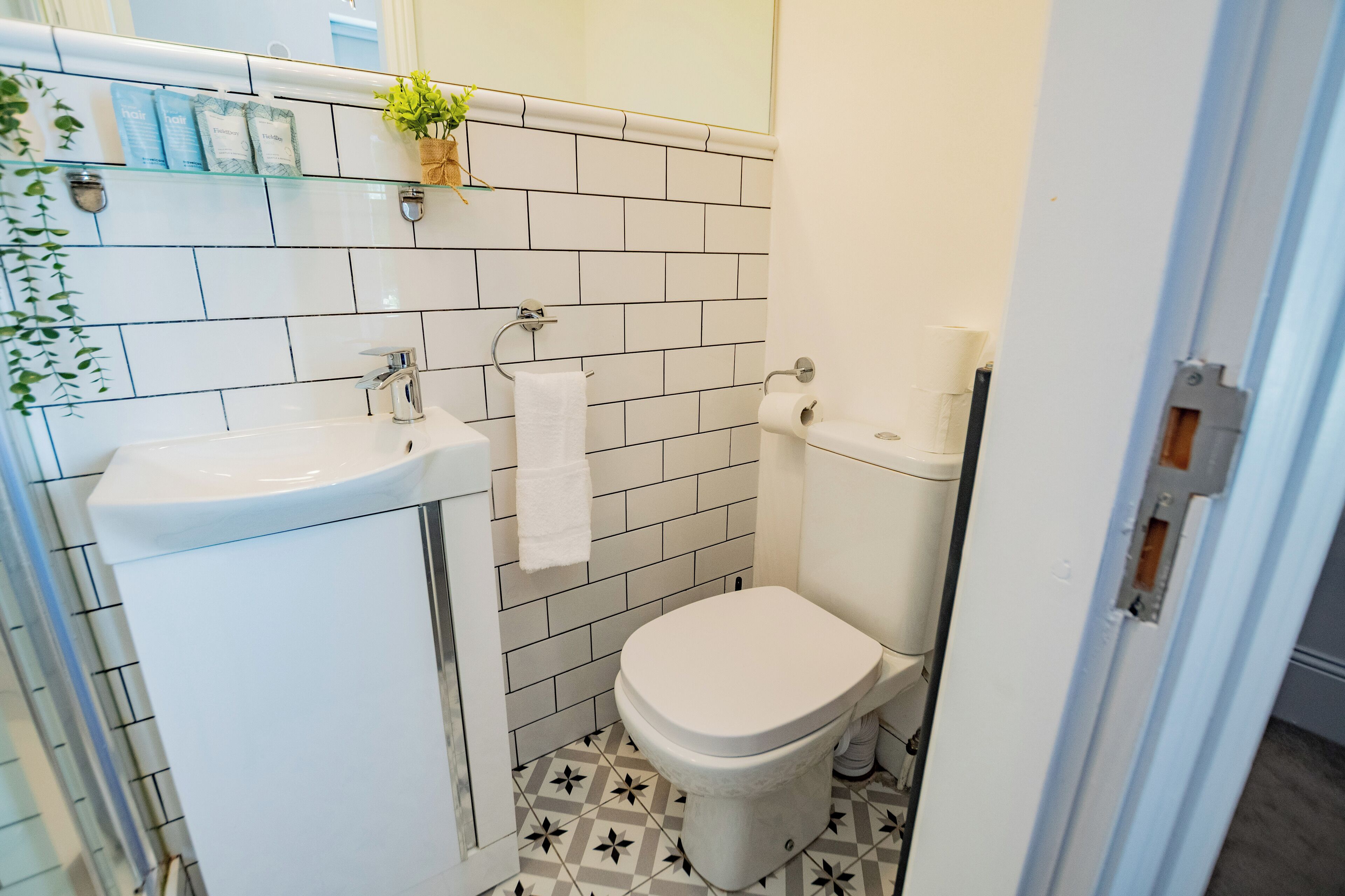 Shower, hair dryer, towels, toilet paper