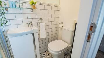 Shower, hair dryer, towels, toilet paper