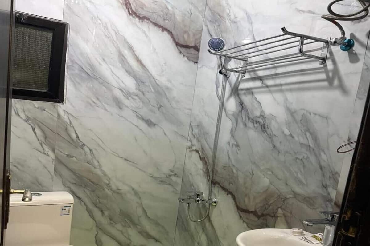 Shower, hair dryer, soap, shampoo