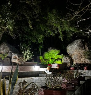 Ein Garten bei Nacht mit Felsformationen, Kübelpflanzen und einer Steinsitzbank.