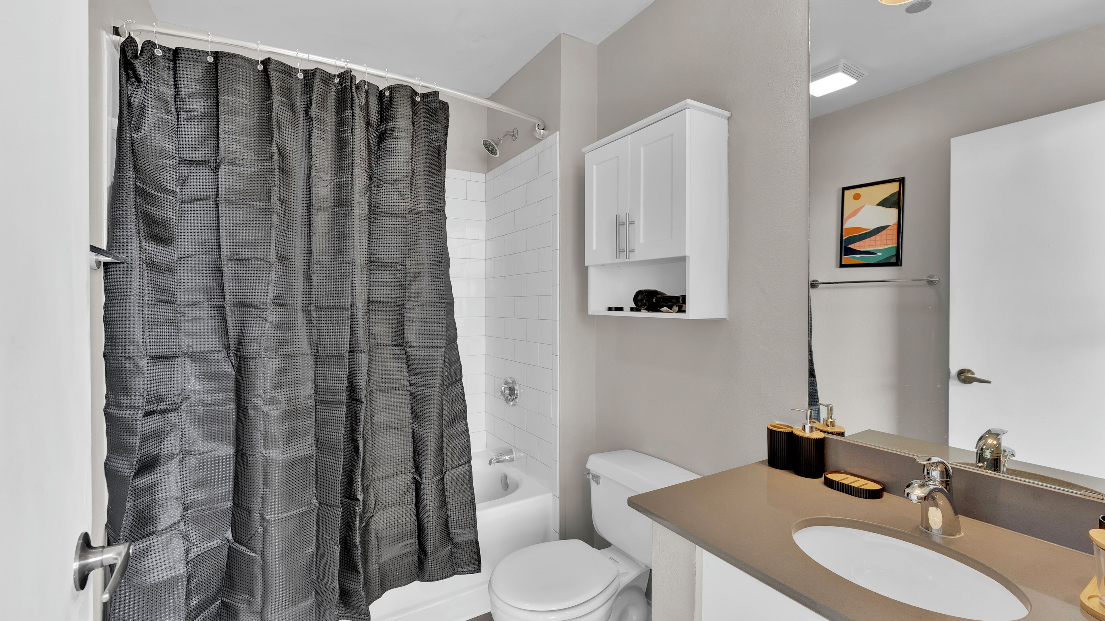 Hair dryer, towels, soap, toilet paper