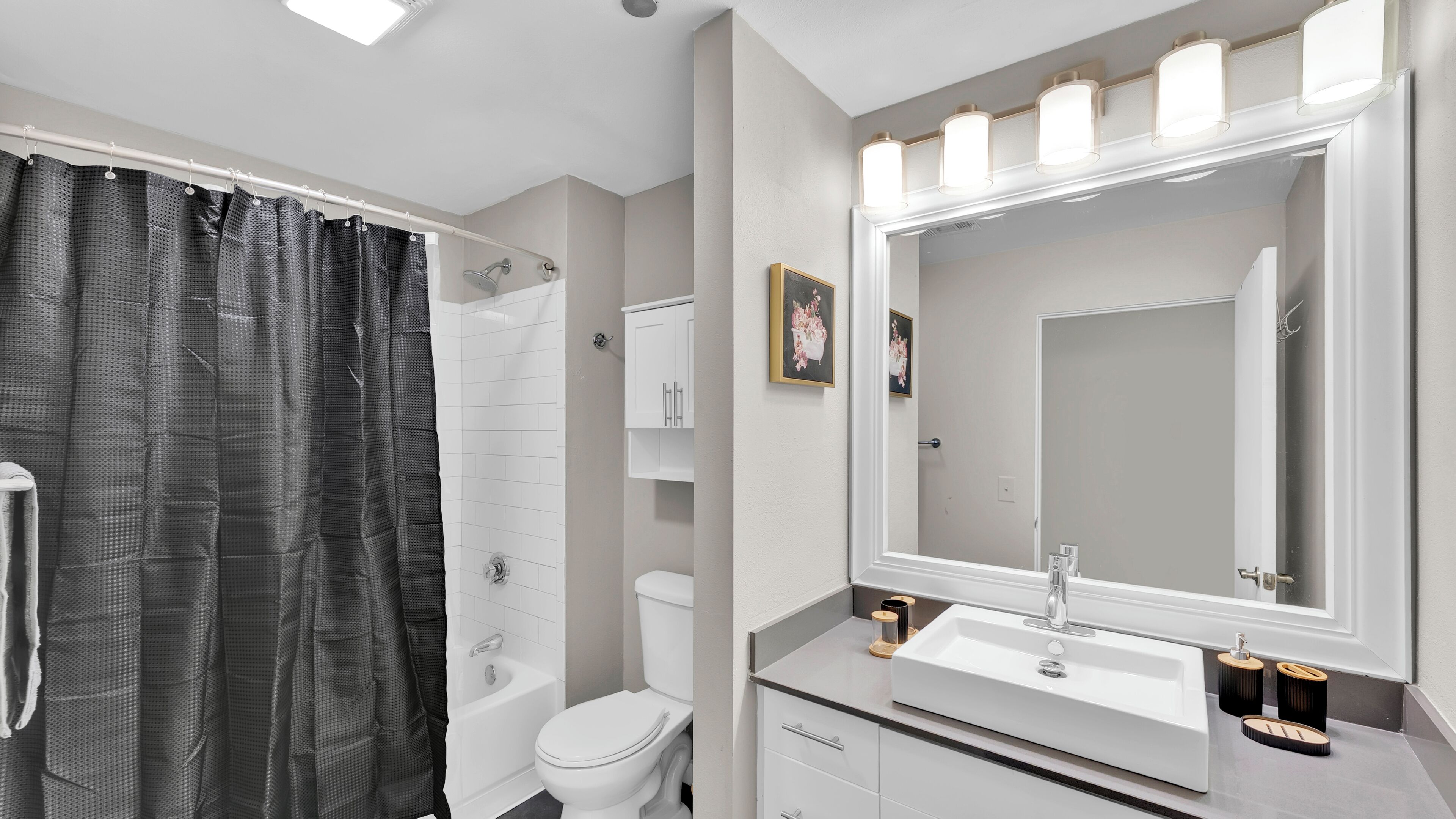 Hair dryer, towels, soap, toilet paper