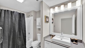 Hair dryer, towels, soap, toilet paper