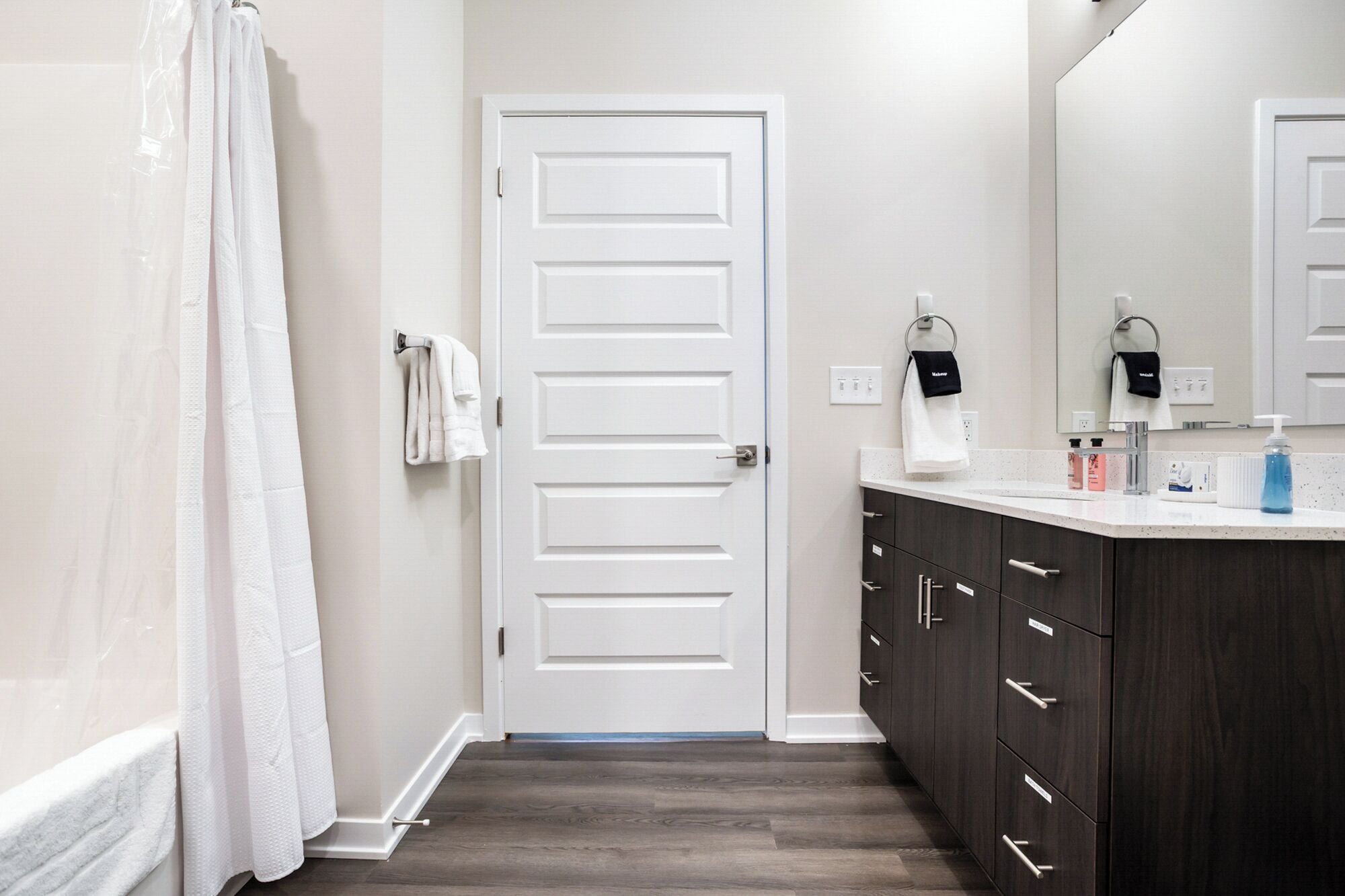 Une salle de bain avec une porte blanche, un meuble-lavabo en bois foncé, un miroir et un rideau de douche.