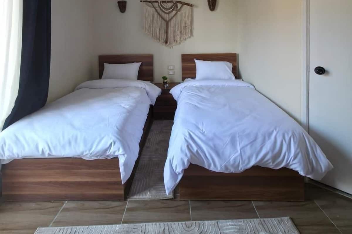 A double room with two beds, wooden headboards, a wall-mounted air conditioner, and a decorative macrame wall hanging.