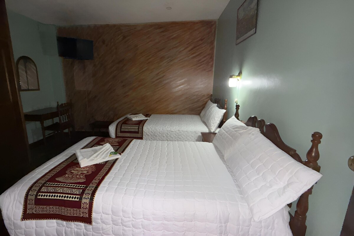 Une chambre d’hôtel avec deux lits, une tête de lit en bois, un téléviseur fixé au mur et une porte.