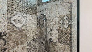 Un espace douche avec des murs recouverts de carreaux décoratifs et une porte en verre.
