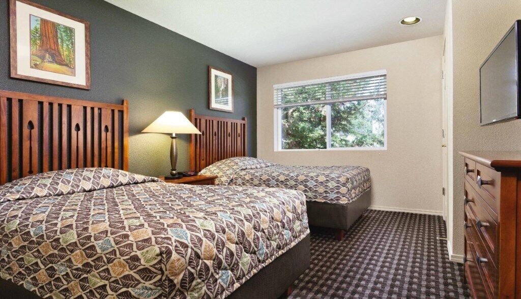 Une chambre d’hôtel avec deux lits, une fenêtre avec des stores, une lampe et un téléviseur fixé au mur.