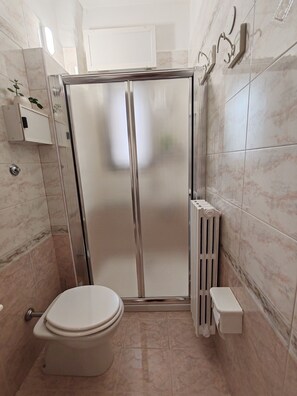 Een douche, een haardroger, een bidet, handdoeken