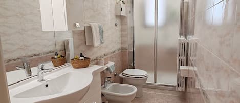 Shower, hair dryer, bidet, towels