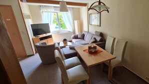 A compact living space with a sofa, a small table, a television, and a window with curtains. - Comfortably furnished vacation home with fireplace (Ilsenburg (Harz))