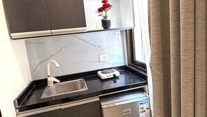 A compact kitchen with a black countertop, a stainless steel sink, a small refrigerator, and a potted plant on the shelf. - Sama Al Hamra Furnished Apartments (Beirut)
