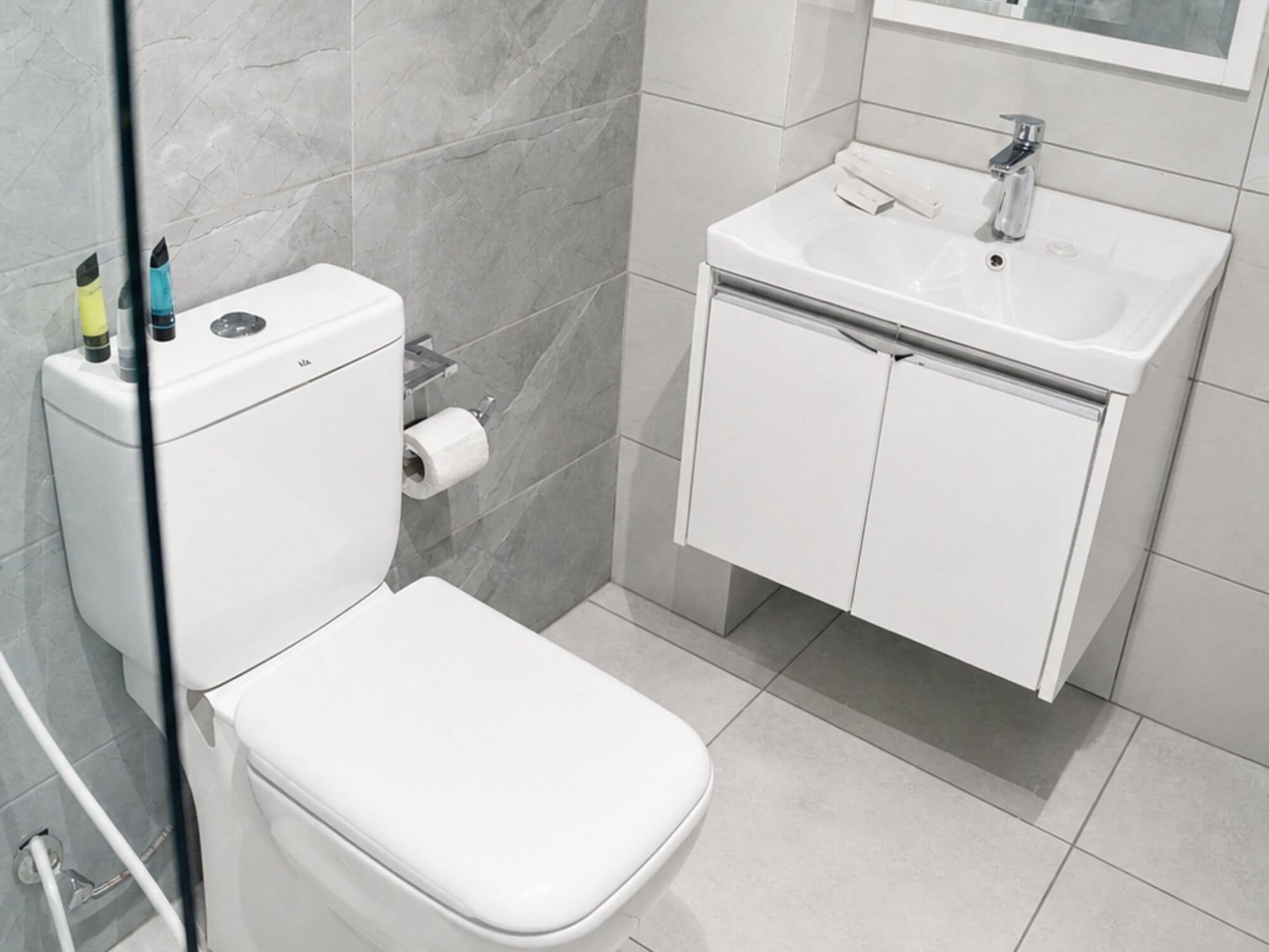 A bathroom with a toilet, a sink, and a mirror.
