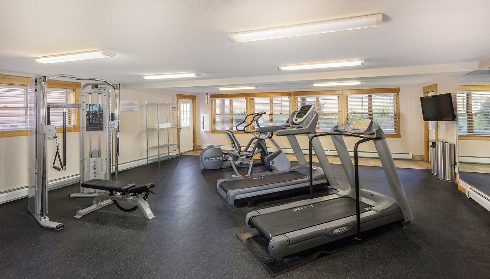 A gym with treadmills, elliptical machines, and a weight machine.