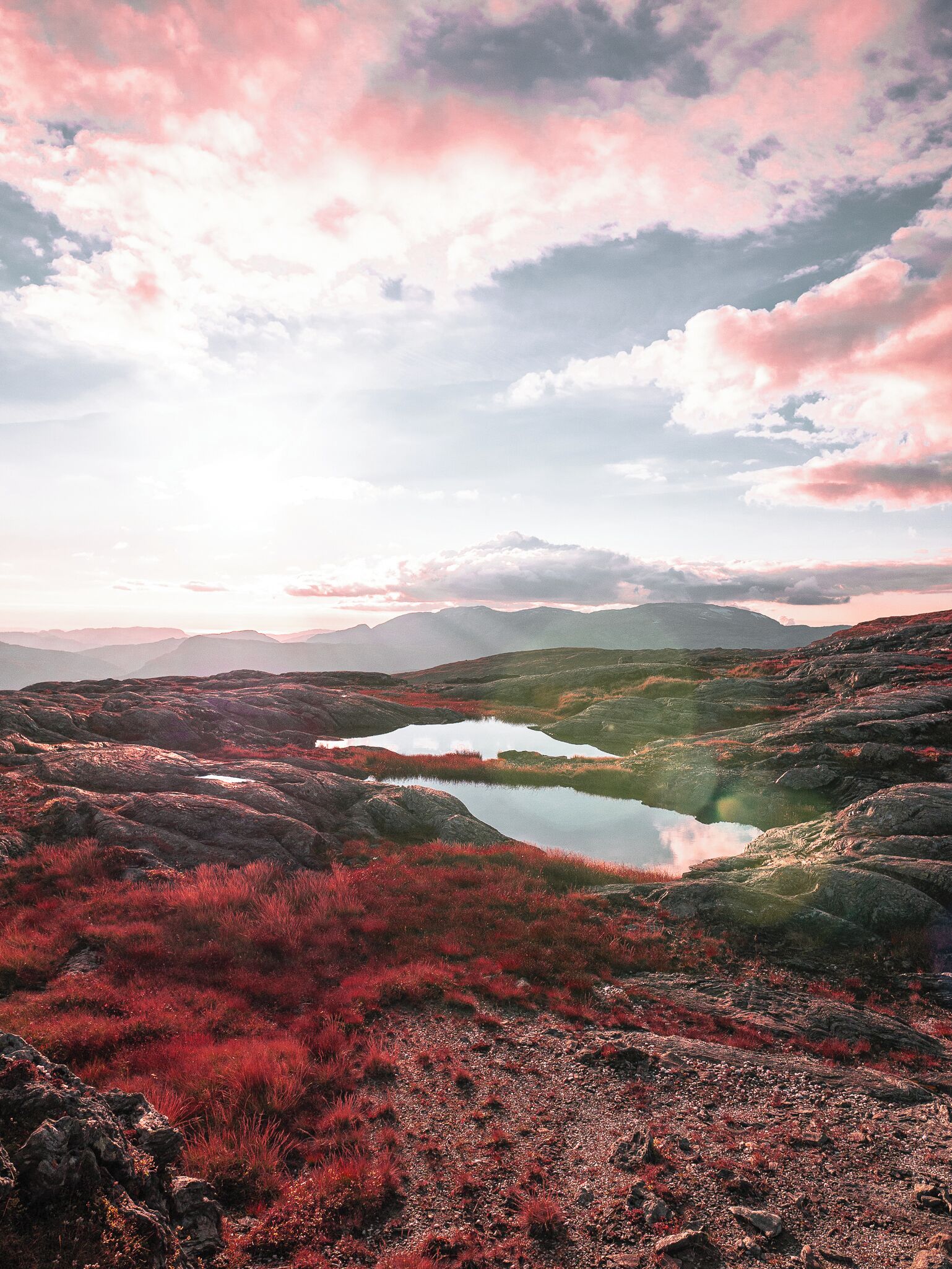 Eine Berglandschaft mit einem See und roter Vegetation.