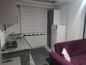 Refrigerador con freezer, placa de cocina, utensilios de cocina