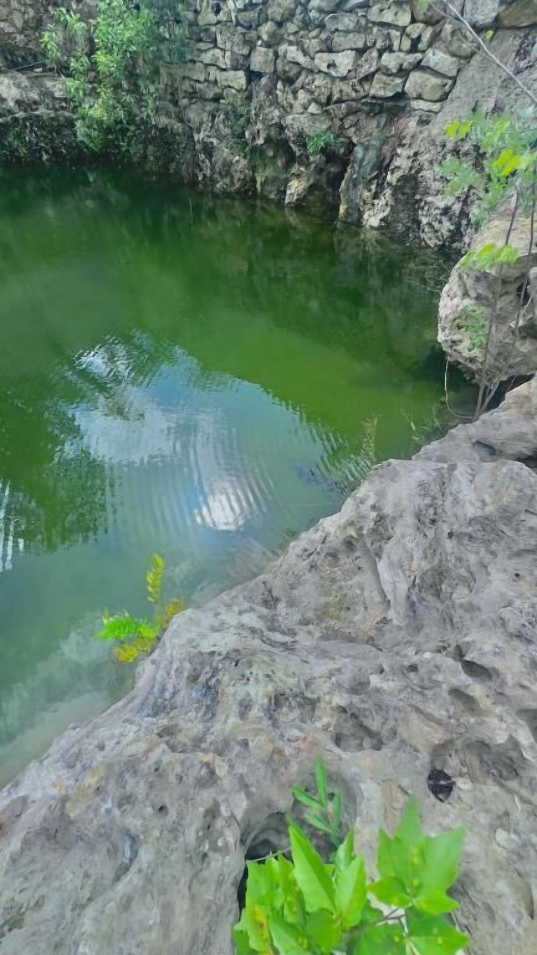 Uma piscina natural rodeada por terreno rochoso e vegetação.