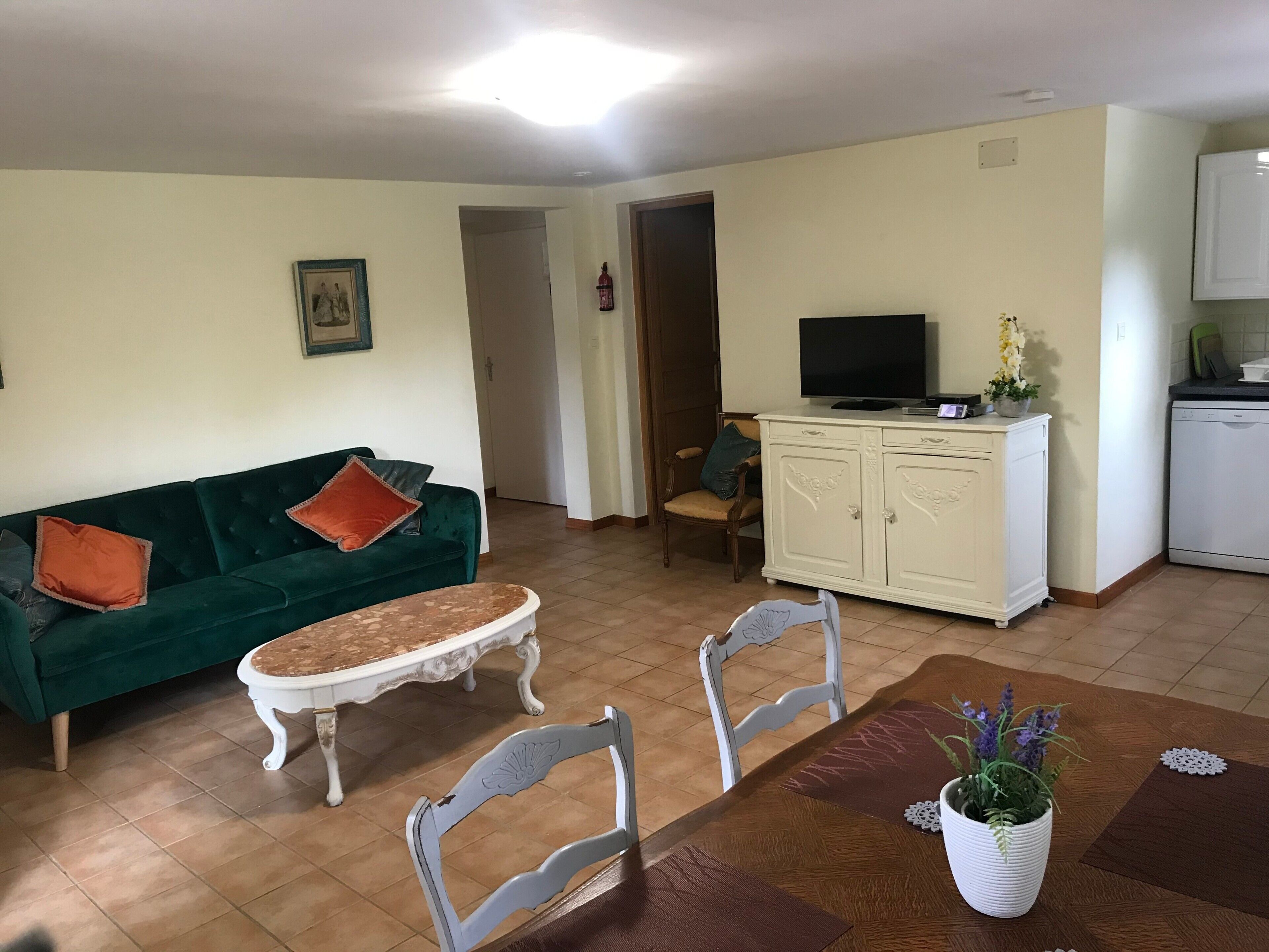 Un salon avec un canapé vert, une table basse blanche, deux chaises blanches, un téléviseur posé sur un meuble et un coin cuisine équipé d’un lave-vaisselle.
