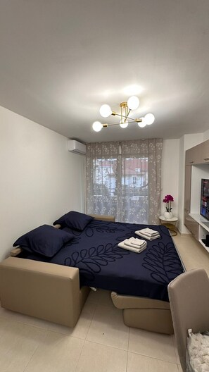 Ein Schlafzimmer mit einem Bett, einer Schlafcouch, einem Fernseher und einem Fenster mit Vorhängen.