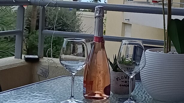 Una mesa de balcón con una botella, dos copas de vino, una orquídea en maceta y vistas de un edificio y palmeras.