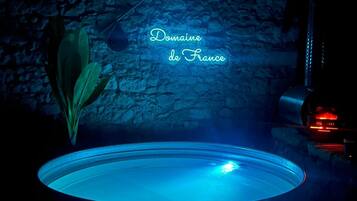 A dimly lit room with a stone wall, a blue-lit circular object, and a neon sign reading 'Domaine de France'.