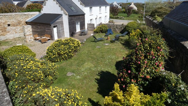 Een woonhuis met een stenen muur, een houten terras en een tuin vol gele bloemen.
