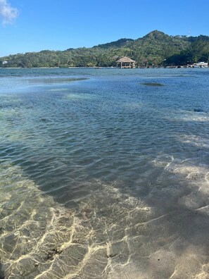 On aperçoit clairement une plage avec une eau calme, une petite cabane et, au loin, une colline couverte d’une végétation dense.