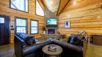 Smart TV, chimenea, libros