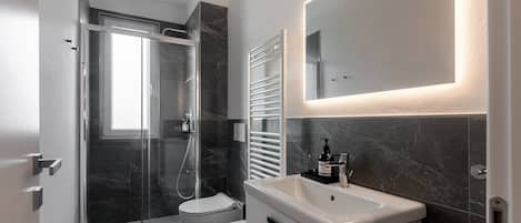 Shower, hair dryer, towels